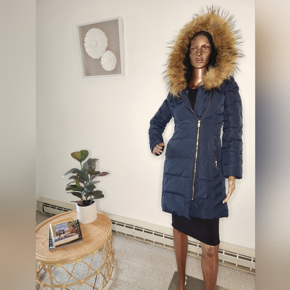 Cole Haan Navy Puffer Jacket with Fur Trim - Picture 10 of 16